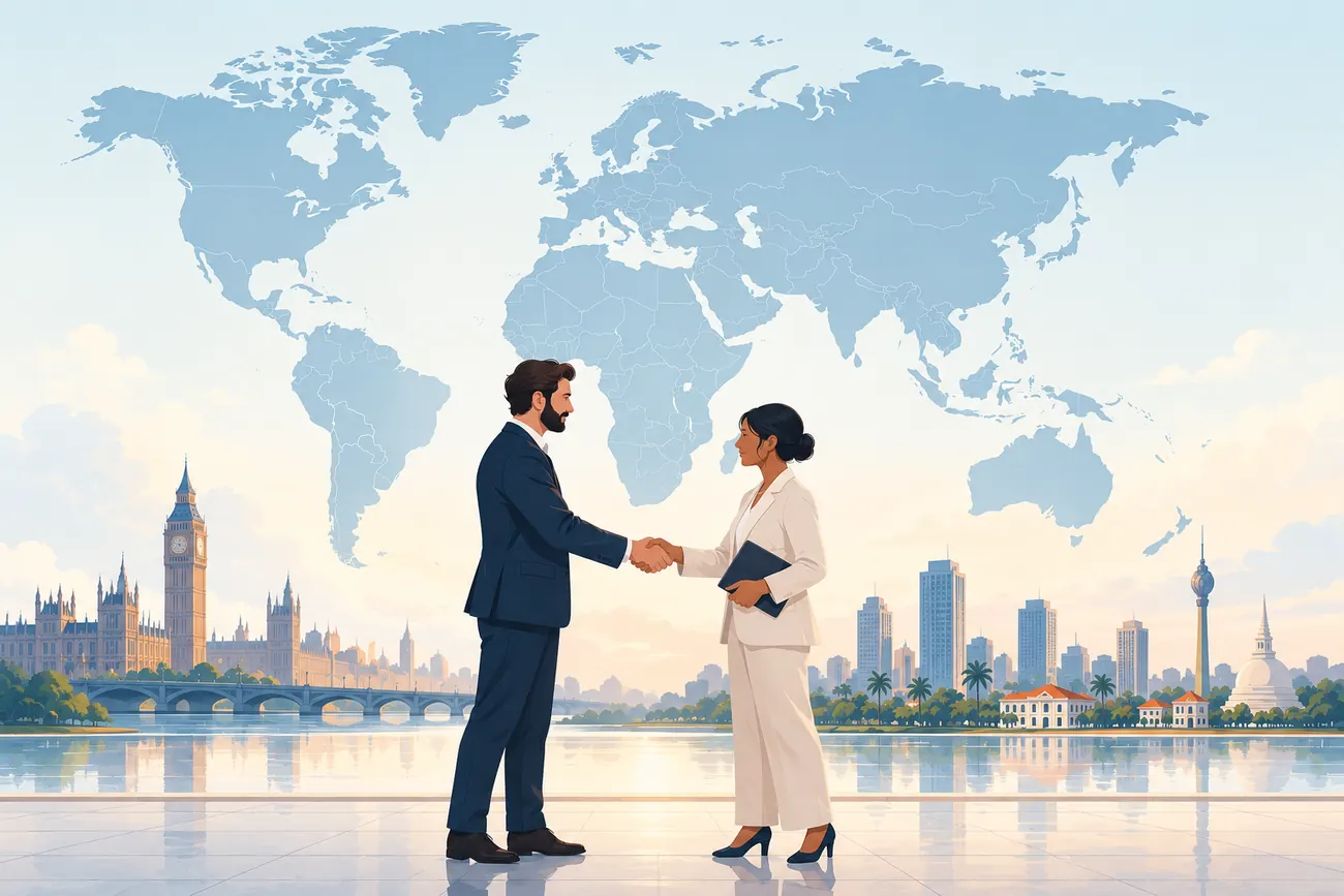 Two business partners shaking hands by a waterfront with a world map behind them